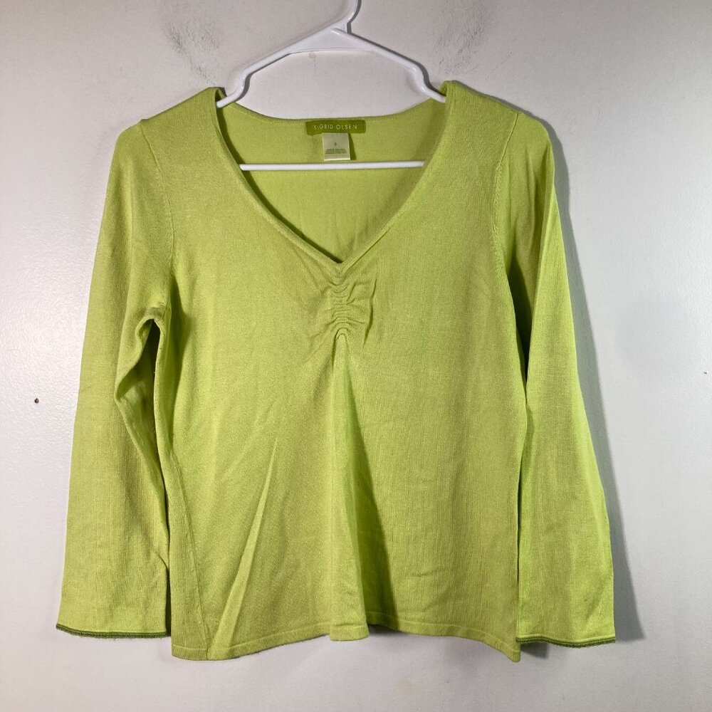 Womens Sigrid Olsen V Neck Ruched Detail‎ Sweater Green S Rayon Nylon Spandex